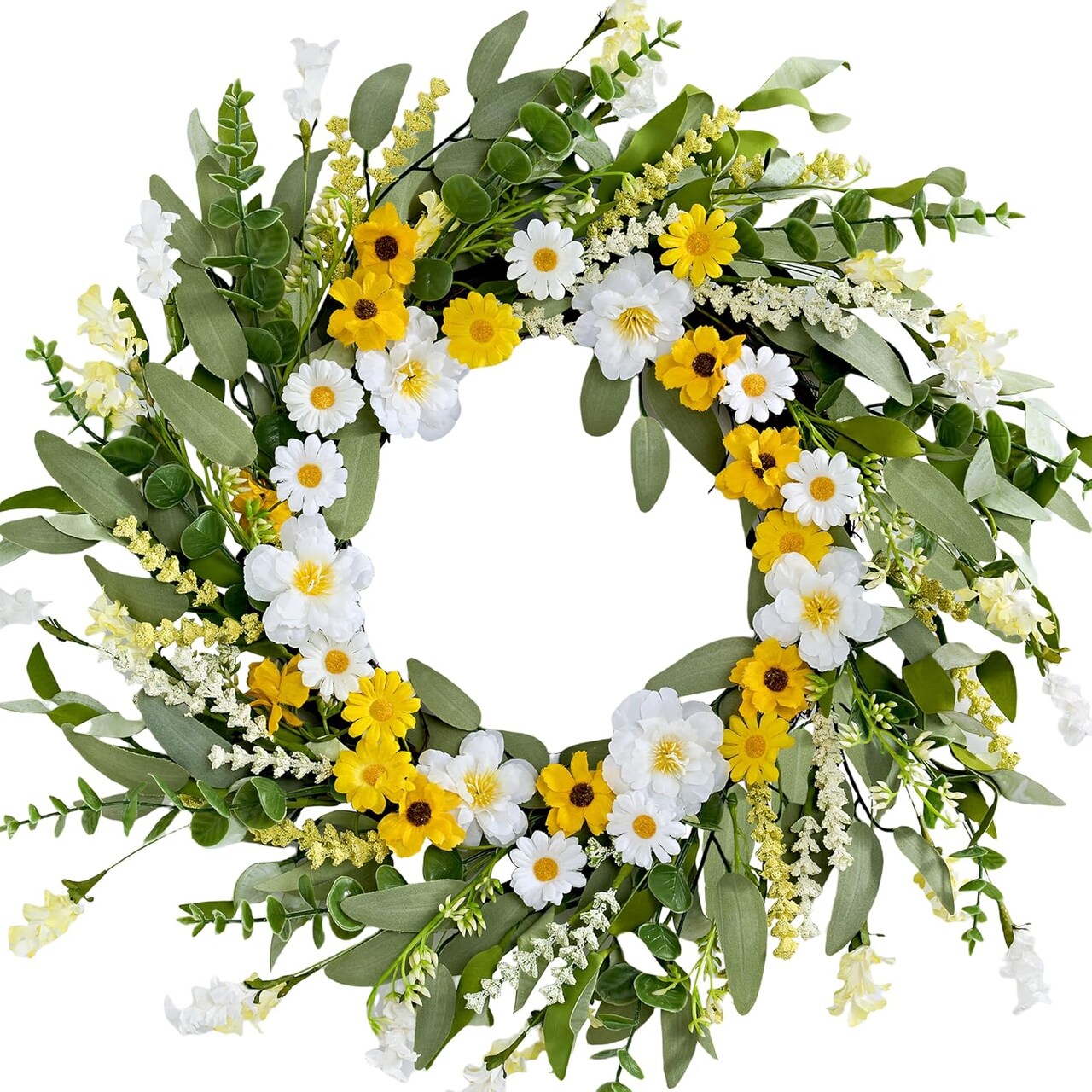 Artificial Spring Wreath 22 Inch Spring Wreaths for Front Door Summer Wreath with White Yellow Daisy